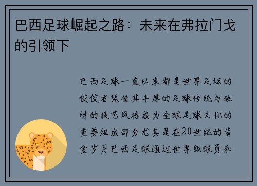 巴西足球崛起之路：未来在弗拉门戈的引领下